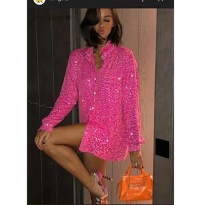 Divided H&M Barbie Pink/Core Sequin Long Sleeve Button Down Shirt Dress S